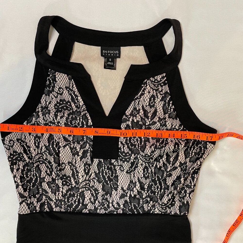 En Focus Studio Bodycon Dress Black Bandage Style Lace Overlay Mini Size 8 - Picture 3 of 7
